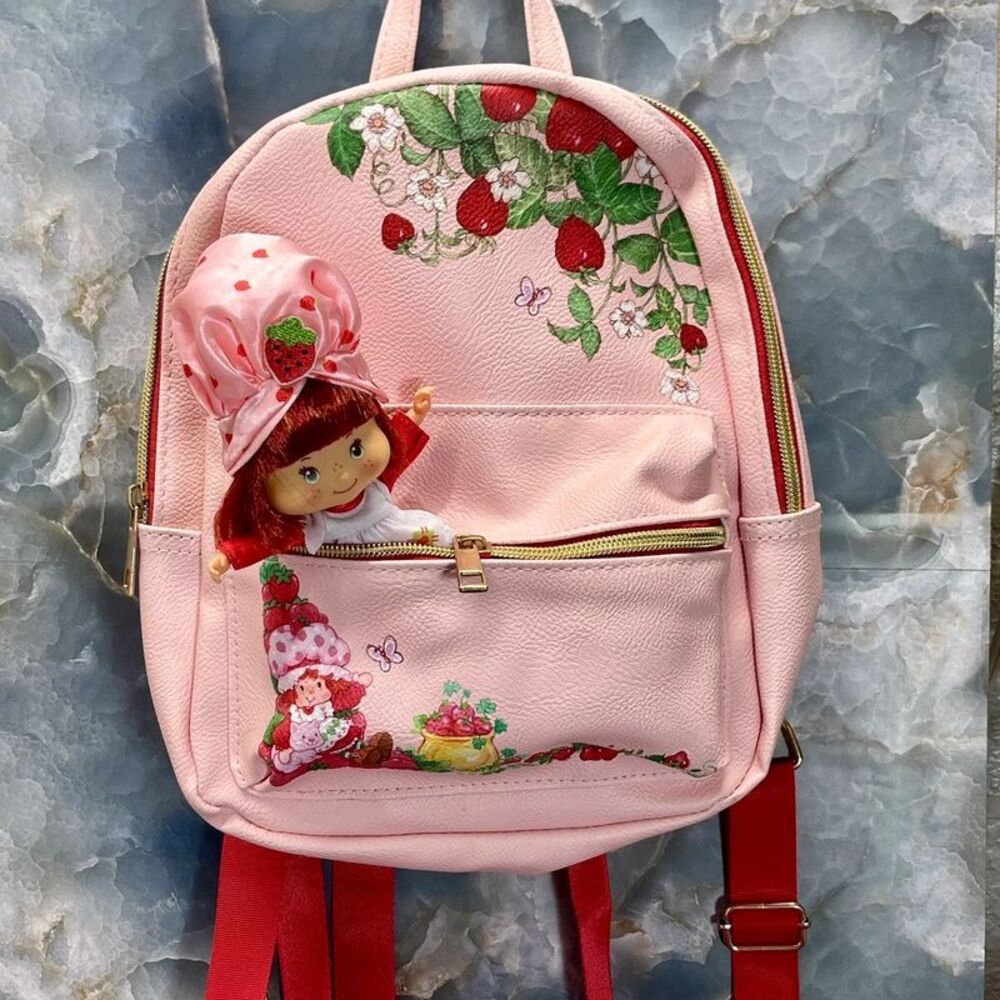 Strawberry Shortcake Cute Girly Pink Berry Floral Backpack & Doll, Used